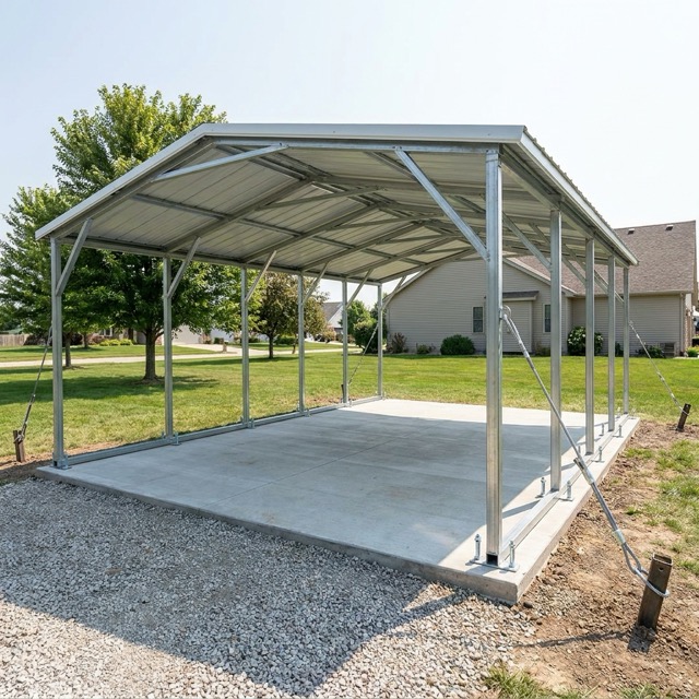 metal carport anchored Michigan - concrete slab and ground installation